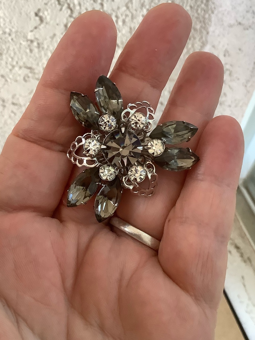 Silver-Tone Smoky Crystal Flower Brooch
